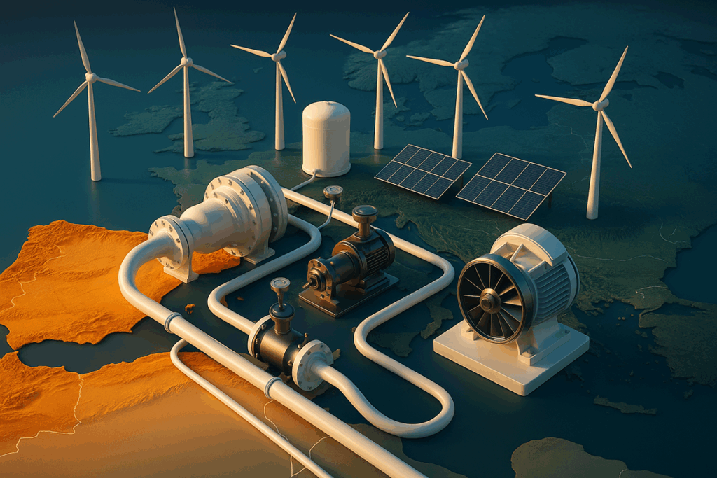 Futuristic illustration of Europe’s energy transition with wind turbines, solar panels, hydrogen pipelines, and advanced rotating equipment in Iberia.