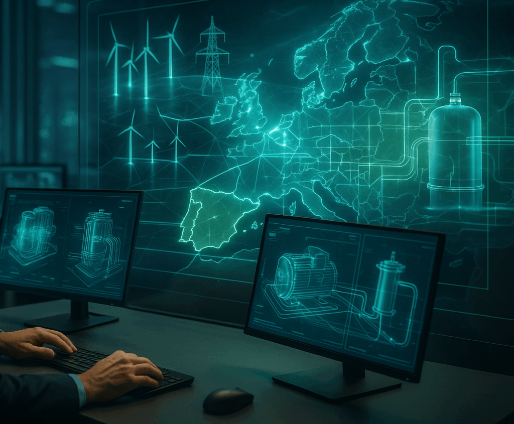 Escena corporativa moderna de ingenieros en un centro energético avanzado que muestra la red eléctrica de Europa, España y la innovación en equipos rotativos.