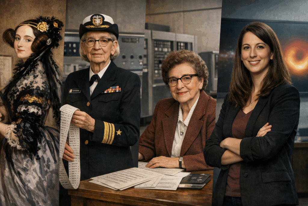 Photorealistic composite portrait of Ada Lovelace, Grace Hopper, Ida Rhodes, and Katie Bouman, shown in historically accurate settings representing their contributions to computing and space imaging.